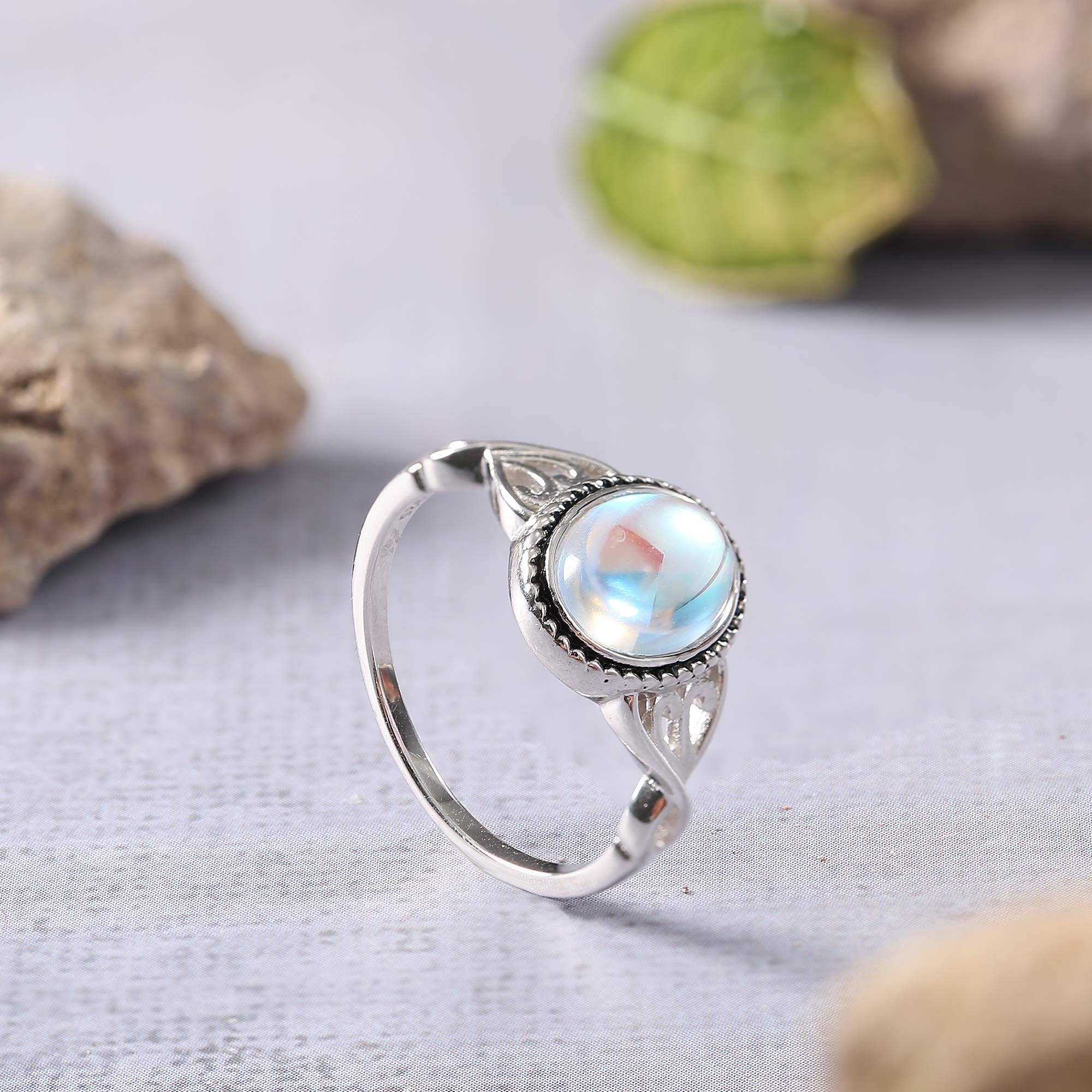 MILACOLATO Moonstone Rings for Women 925 Sterling Silver Jewelry | 18K White Gold Vintage Celtic Knot Rings | Bezel Solitaire Rings | 5/6/7/8/9/10/11, Sterling Silver, Cubic Zirconia