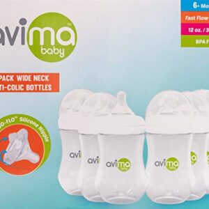 Avima Baby 12 oz Anti Colic Baby Bottles for Breastfed Babies - Fast Flow Nipples, Wide Neck Bottle, BPA Free - 9-12 Months, Stage 3 (Set of 6)