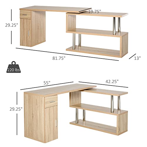 HOMCOM Rotating Computer Desk, 55" L-Shaped Desk, Corner Desk with Storage Shelves, Cabinet and Drawer for Home Office, Natural