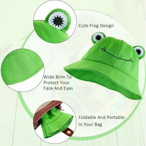 2 Pieces Frog Bucket Hat Cute Fisherman Hat Frog Bucket Sun Protection Cap Wide Brim Fisherman Hat (Green, 21.5-23 Inch/ 55-58 cm)