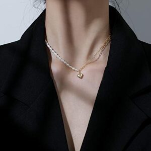 Cowlyn Love Heart Necklace Pendant 14K Gold Plated Paper Clip Chain Pearl Chain Vintage Charm Valentine Gift Women Jewelry