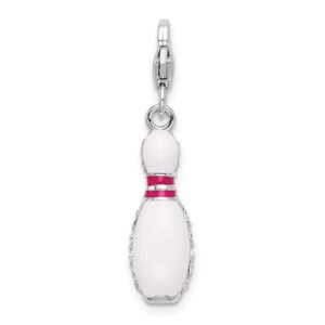 Amore La Vita Sterling Silver Rhodium-plated Polished 3-D Reversible Enameled Bowling Pin Charm with Fancy Lobster Clasp QQCC314