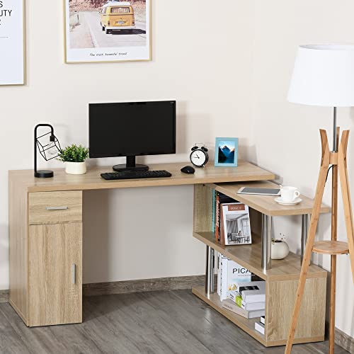 HOMCOM Rotating Computer Desk, 55" L-Shaped Desk, Corner Desk with Storage Shelves, Cabinet and Drawer for Home Office, Natural