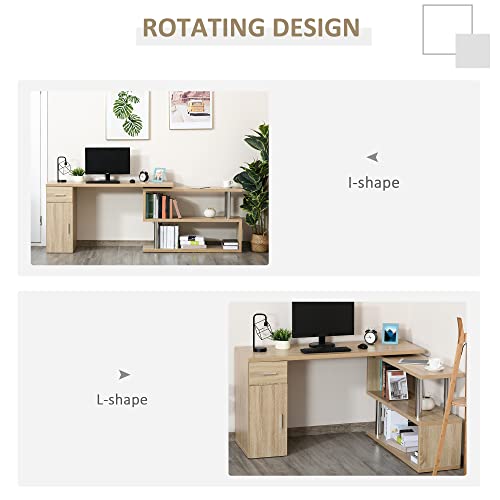 HOMCOM Rotating Computer Desk, 55" L-Shaped Desk, Corner Desk with Storage Shelves, Cabinet and Drawer for Home Office, Natural