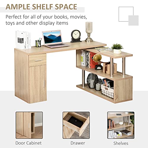 HOMCOM Rotating Computer Desk, 55" L-Shaped Desk, Corner Desk with Storage Shelves, Cabinet and Drawer for Home Office, Natural