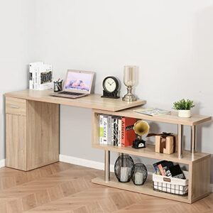 HOMCOM Rotating Computer Desk, 55" L-Shaped Desk, Corner Desk with Storage Shelves, Cabinet and Drawer for Home Office, Natural