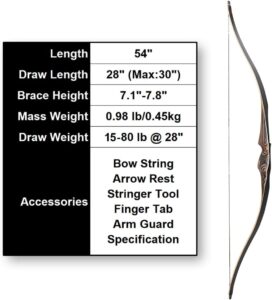 deerseeker archery 54" traditional bow hunting longbow with bamboo core limbs handmade recurve bow rh/lh for targeting practice shooting youth & adults bow set 20-80lbs