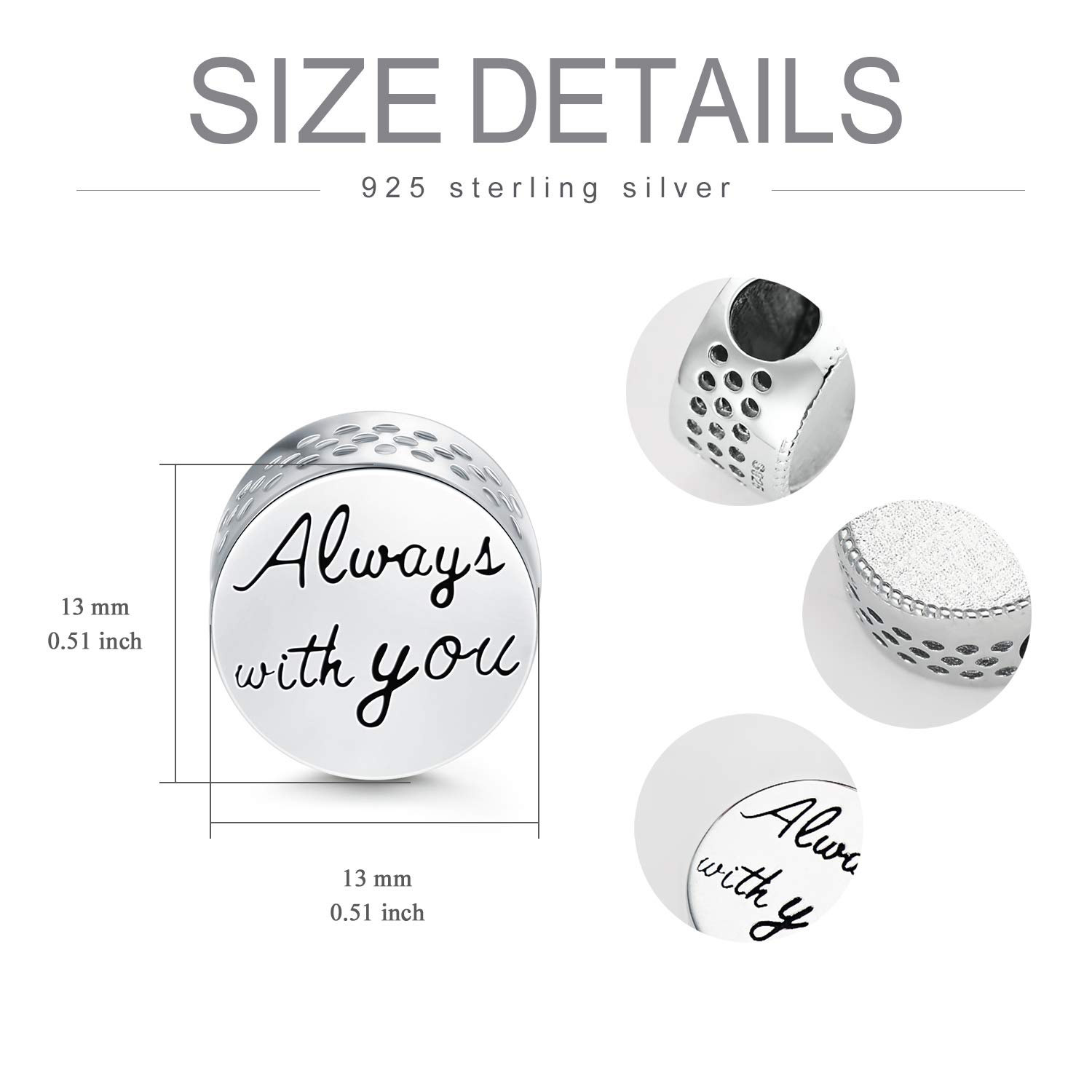 PEIMKO Personalized Photo Charm Fit Snake Bracelet Sterling Silver Customized Picture Round Shape Bead (A-always with you round)