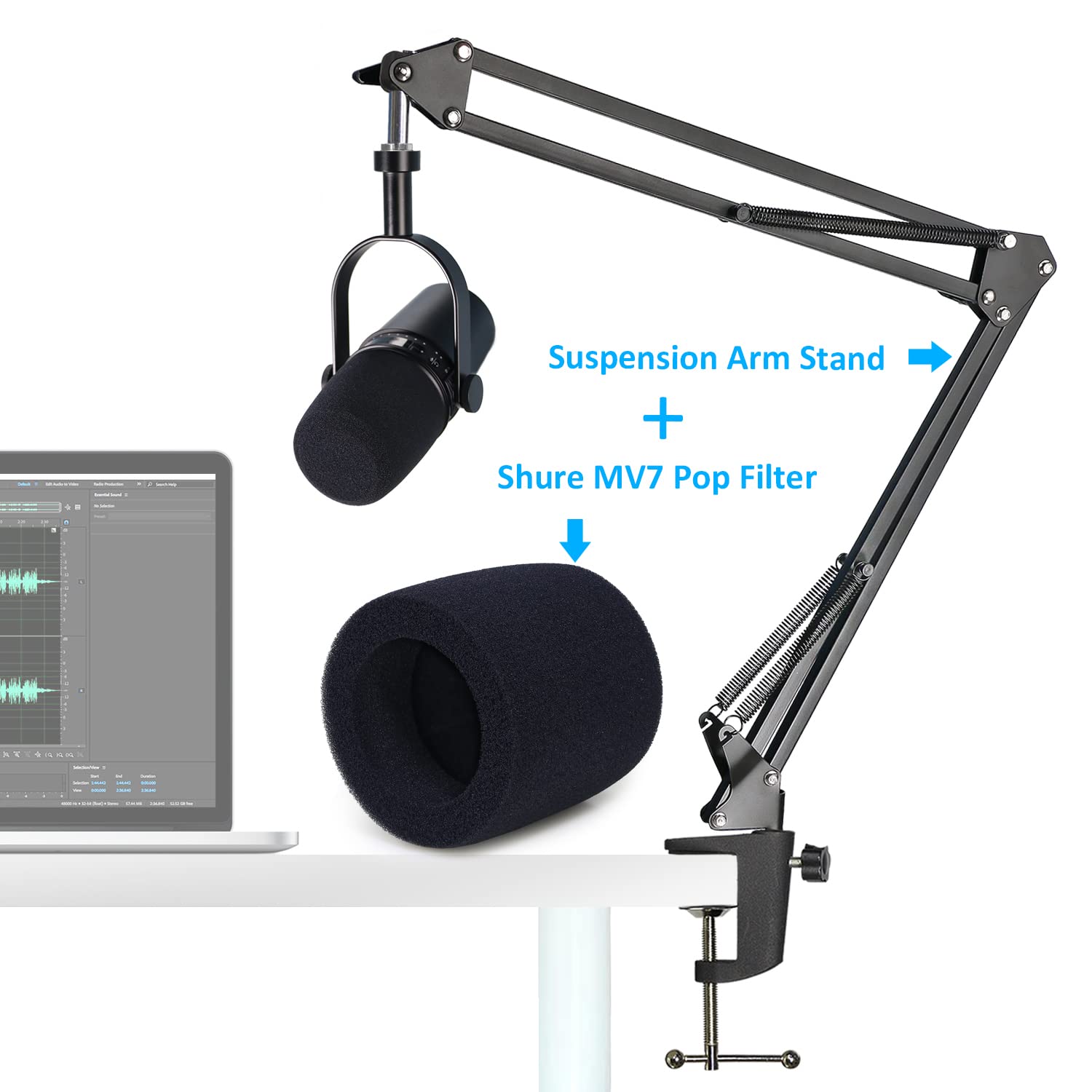 SUNMON Shure MV7 Boom Arm Mic Stand with Pop Filter, Adjustable Suspension Boom Scissor Arm Stand with Pop Filter Compatible with Shure MV7, Shure MV7X adn SM7B Microphone by SUNMON