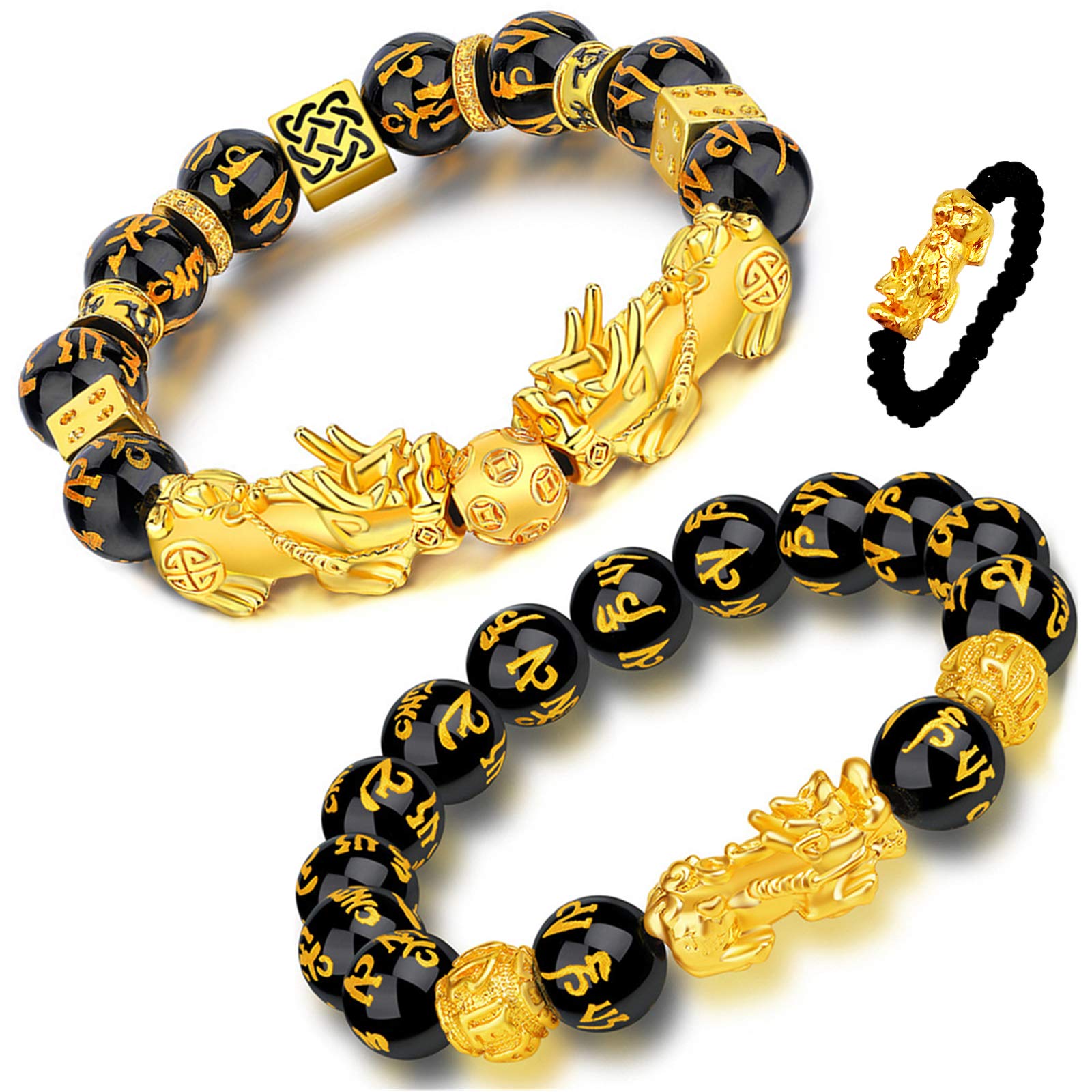 Homelavie 2 Pcs Feng Shui Black Obsidian Wealth Bracelet 12mm Mantra Bead Pi Xiu Bracelets for Women Men Attract Wealth and Good Luck (Style A)