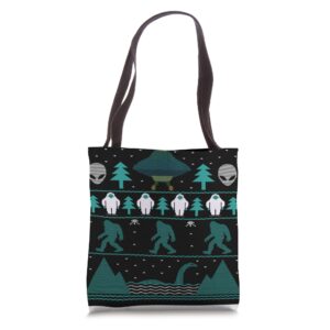 sci fi bigfoot aliens yeti ugly christmas sweater design tote bag