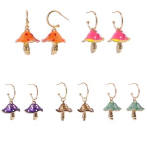 5 pairs dainty mushroom shape pendant earrings set sweet fresh mushroom drop earrings colorful sweet cute food dangle earrings metal enamel mushroom hoop earrings set for women jewelry