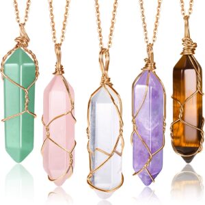 5 pieces crystal necklaces, healing stones spiritual pendant natural gemstone jewelry with adjustable chain for women girls (vivid color with gold chain)