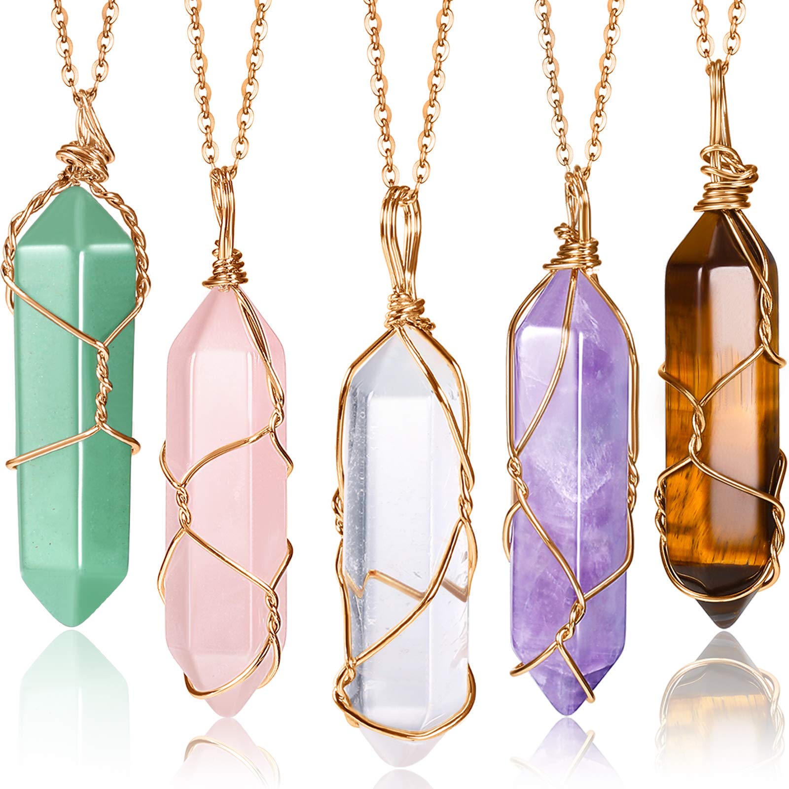 5 Pieces Crystal Necklaces, Healing Stones Spiritual Pendant Natural Gemstone Jewelry with Adjustable Chain for Women Girls (Vivid Color with Gold Chain)