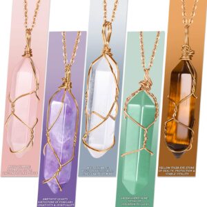 5 Pieces Crystal Necklaces, Healing Stones Spiritual Pendant Natural Gemstone Jewelry with Adjustable Chain for Women Girls (Vivid Color with Gold Chain)