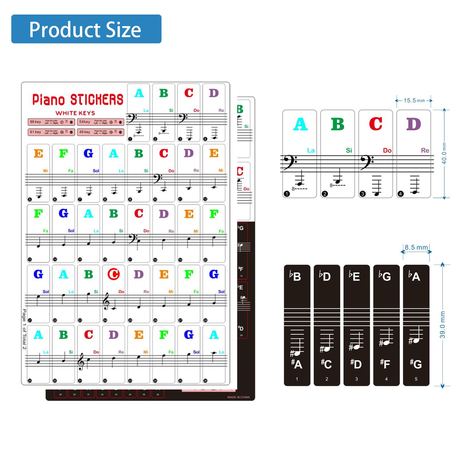 Piano Keyboard Stickers for 88/61/54/49 Key. Colorful Large Bold Letter Piano Stickers Perfect for Kids Learning Piano. Multi-Color, Transparent and Removable