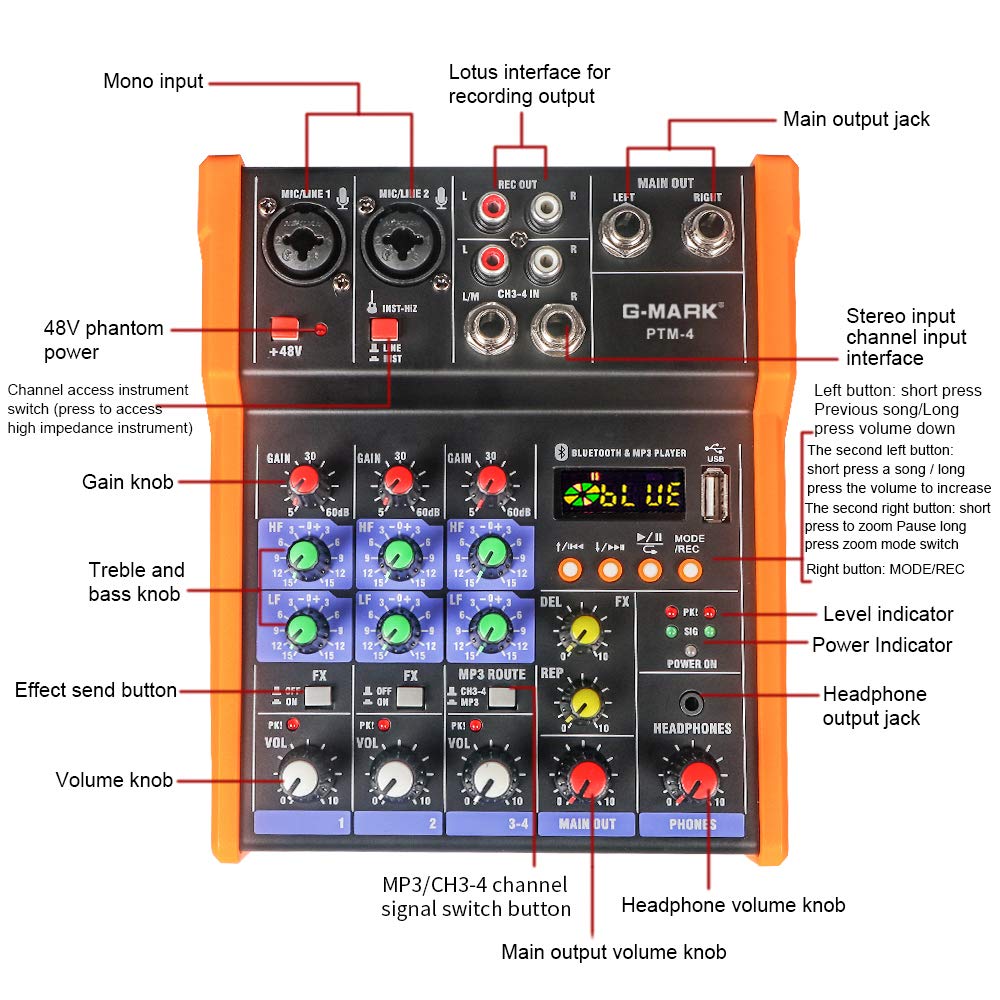 G-MARK PTM-4 4-Channel DJ Mixer, Bluetooth, USB Audio Interface, 3-Band EQ, Phantom Power, for PC, Karaoke, Live Performance, KTV, Studio Recording