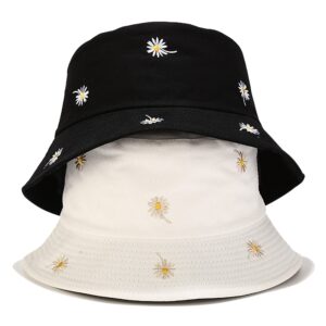 Umeepar Reversible Embroidered Daisy Bucket Hat Packable Beach Sun Hat for Women Men (US, Alpha, Medium, Daisy White/Plain White)