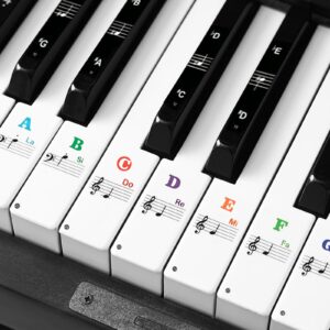 piano keyboard stickers for 88/61/54/49 key. colorful large bold letter piano stickers perfect for kids learning piano. multi-color, transparent and removable