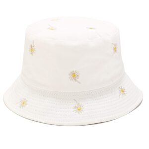 umeepar reversible embroidered daisy bucket hat packable beach sun hat for women men (us, alpha, medium, daisy white/plain white)