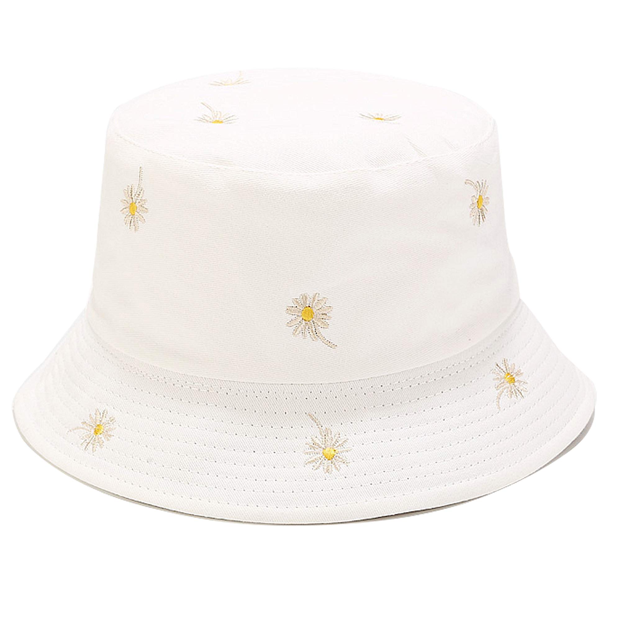 Umeepar Reversible Embroidered Daisy Bucket Hat Packable Beach Sun Hat for Women Men (US, Alpha, Medium, Daisy White/Plain White)