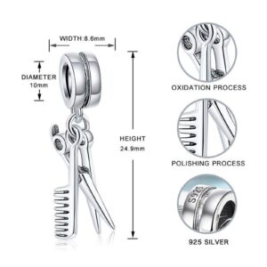 Hairdresser Hair Scissor Comb Salon Hairstylist Pendant Bead 925 Sterling Silver for Pandora & Similar Charm Bracelets or Necklaces