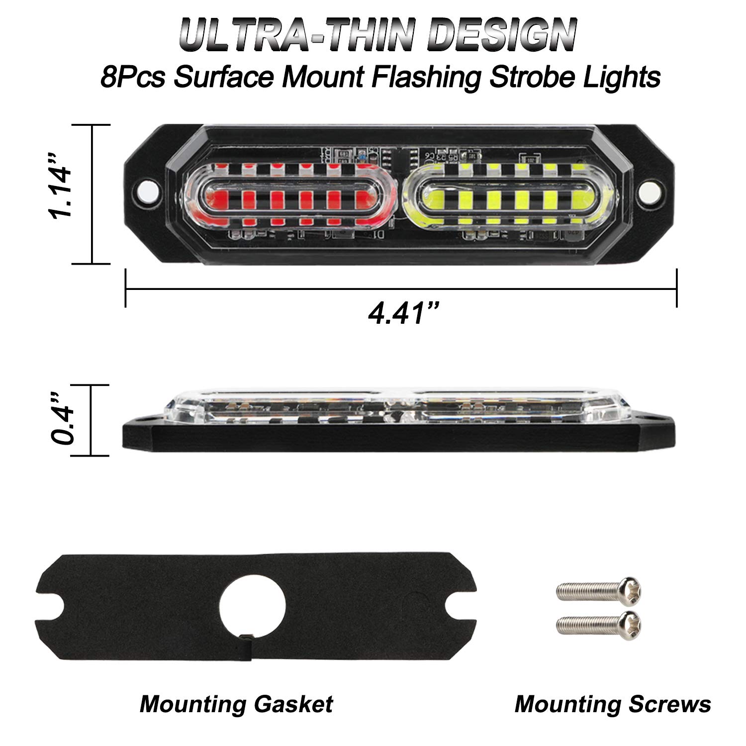 ASPL 8pcs Sync Feature Ultra Slim 12-LED Surface Mount Flashing Strobe Lights for Truck Car Vehicle LED Mini Grille Light Head Emergency Beacon Hazard Warning lights (Red/White)