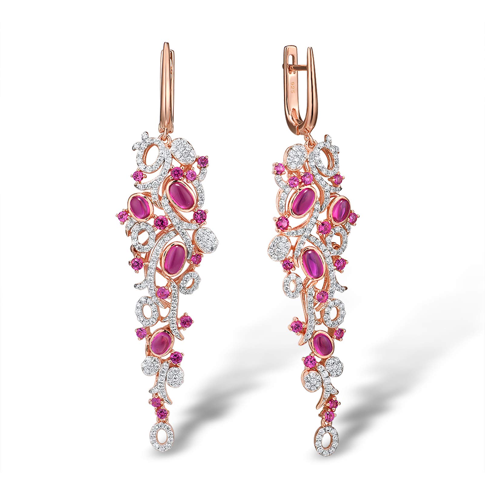 Santuzza 925 Sterling Silver Grape Bunch Shape Gemstone Earrings Created Ruby 14K Rose Gold Long Drop Earrings for Women