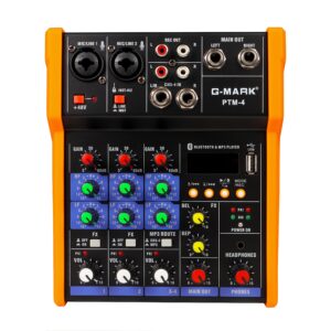 G-MARK PTM-4 4-Channel DJ Mixer, Bluetooth, USB Audio Interface, 3-Band EQ, Phantom Power, for PC, Karaoke, Live Performance, KTV, Studio Recording