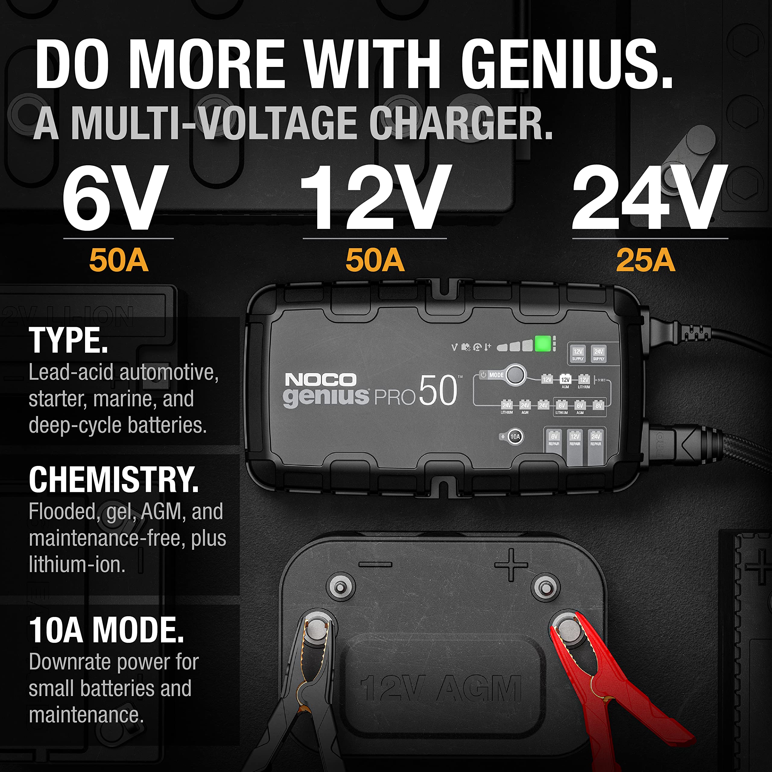 NOCO GENIUSPRO50, 50A Smart Car Battery Charger, 6V, 12V and 24V Portable Automotive Charger, Battery Maintainer, Trickle Charger and Desulfator for AGM, Lithium, Marine, Boat and Deep Cycle Batteries