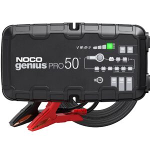 noco geniuspro50, 50a smart car battery charger, 6v, 12v and 24v portable automotive charger, battery maintainer, trickle charger and desulfator for agm, lithium, marine, boat and deep cycle batteries