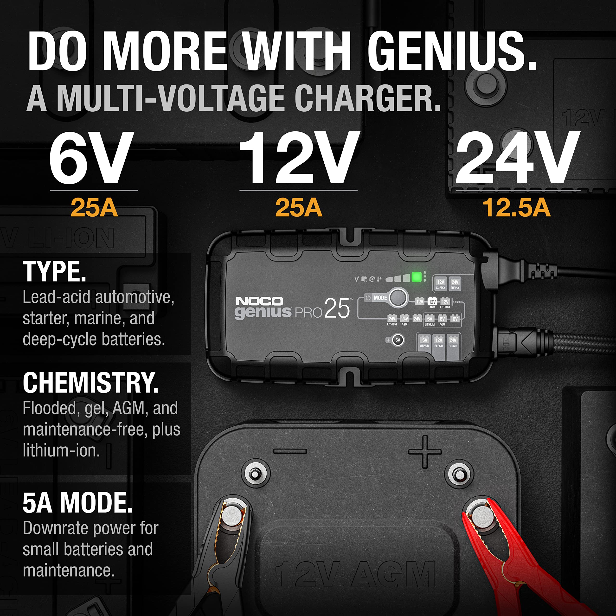 NOCO GENIUSPRO25, 25A Smart Car Battery Charger, 6V, 12V and 24V Portable Automotive Charger, Battery Maintainer, Trickle Charger and Desulfator for AGM, Lithium, Marine, Boat and Deep Cycle Batteries