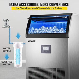 VEVOR Commercial Ice Maker Machine 200LBS/24H, 710W Stainless Steel Ice Machine with 55LBS Storage Capacity, 90 Ice Cubes Ready in 11-15Mins, Includes Water Filter and Connection Hose