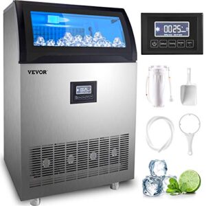 vevor commercial ice maker machine 200lbs/24h, 710w stainless steel ice machine with 55lbs storage capacity, 90 ice cubes ready in 11-15mins, includes water filter and connection hose