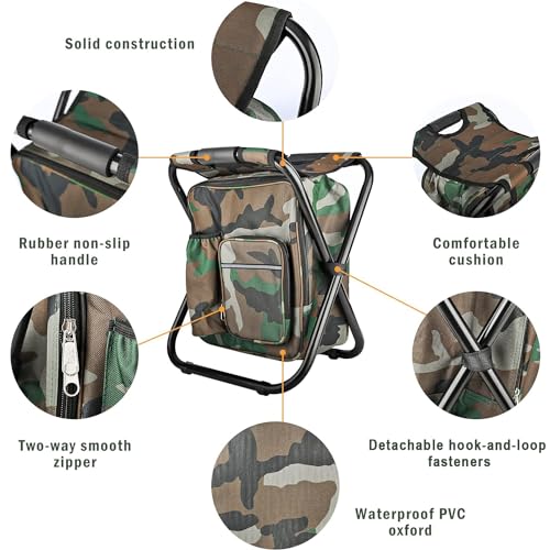 Kikerike Folding Stool Backpack Insulated Cooler Bag, Collapsible Camping Hunting Fishing Multifunction Chair with Front Pocket and Bottle Pocket for Outdoor Events, Hiking, Travel, Beach