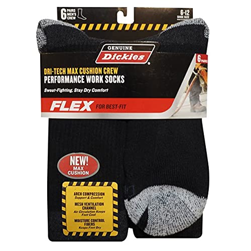 Genuine Dickies Men's Dri-Tech MAX CUSHION Crew Performance Work Socks (Black) (Shoe Size: 6-12)