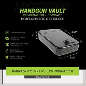 Lockdown Combination Compact and Subcompact Handgun Vault with All Steel Construction, TSA Approval and CA DOJ Certification for Secure Storage and Travel