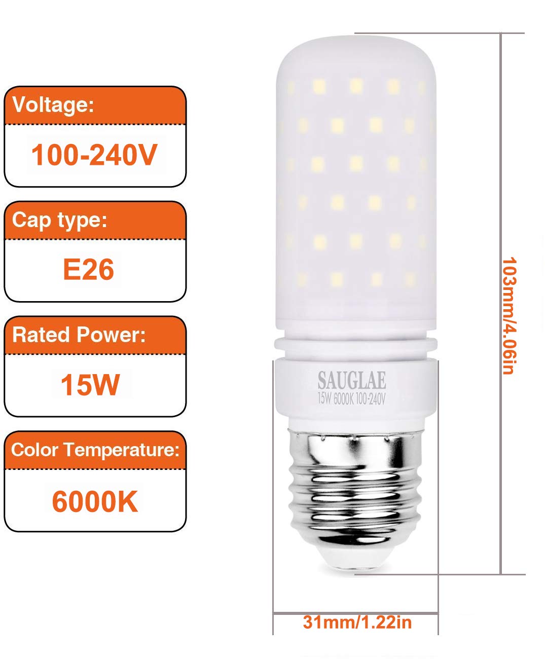 SAUGLAE LED Light Bulbs 15W, 120W Incandescent Bulbs Equivalent, 1500Lm, 6000K Daylight White, E26 Large Edison Screw Corn Bulbs, Pack of 4