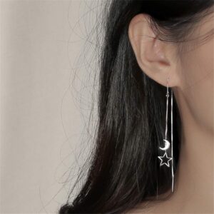 Tassel Moon Star Threader Drop Dangle Earrings for Women Cute Hollow Star Sterling Silver Plated Long Chain Hanging Earrings Minimalist Dangling Hypoallergenic Piercing Gifts Daughter Birthday