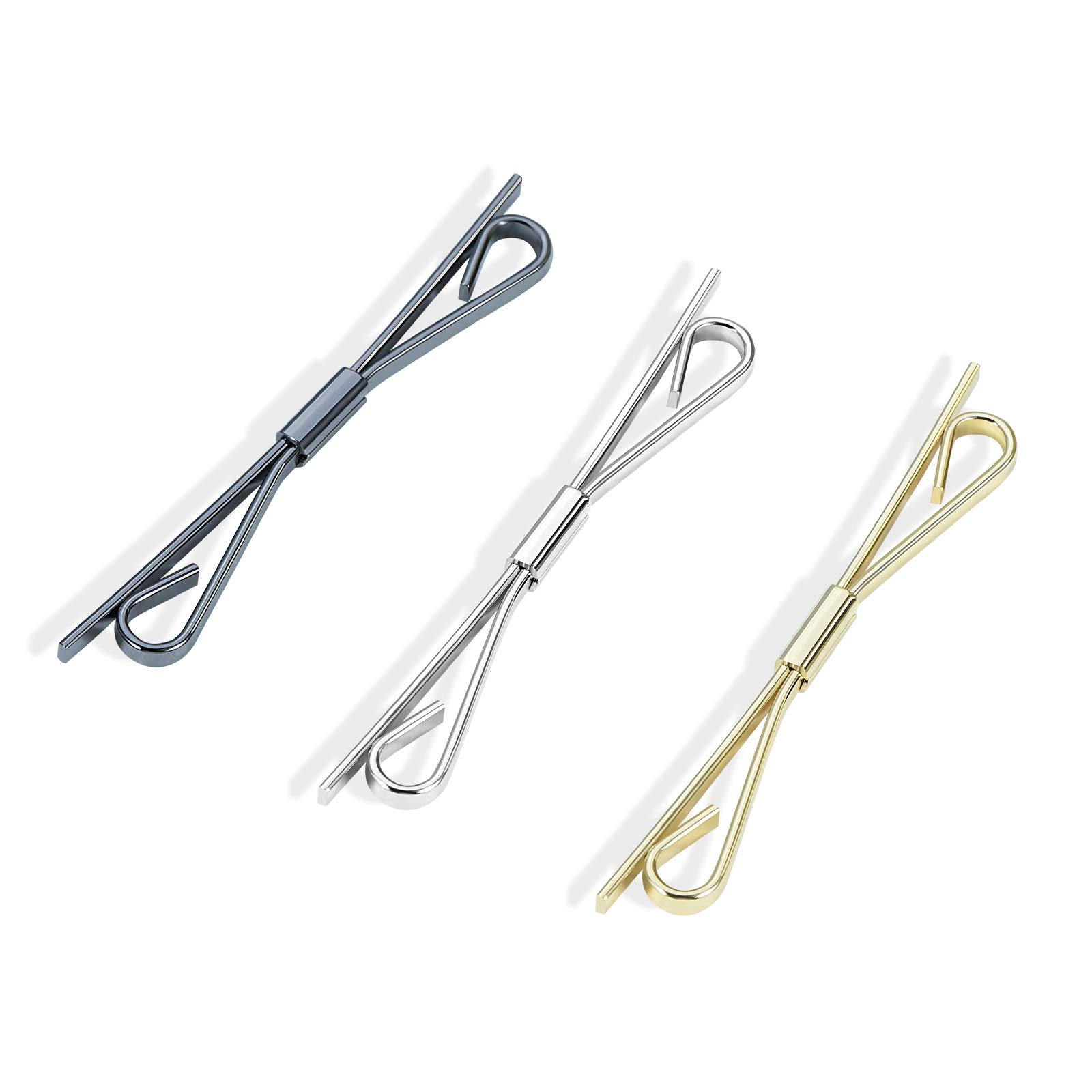 VVCome 3PCS Men's Classic Tie Clips Shirt Collar Clip Collar Bar for Necktie Gold Silver Black Tone Necktie Bar Pinch Clips Tie Pins Collar Holder (60mm Length Flat Head)