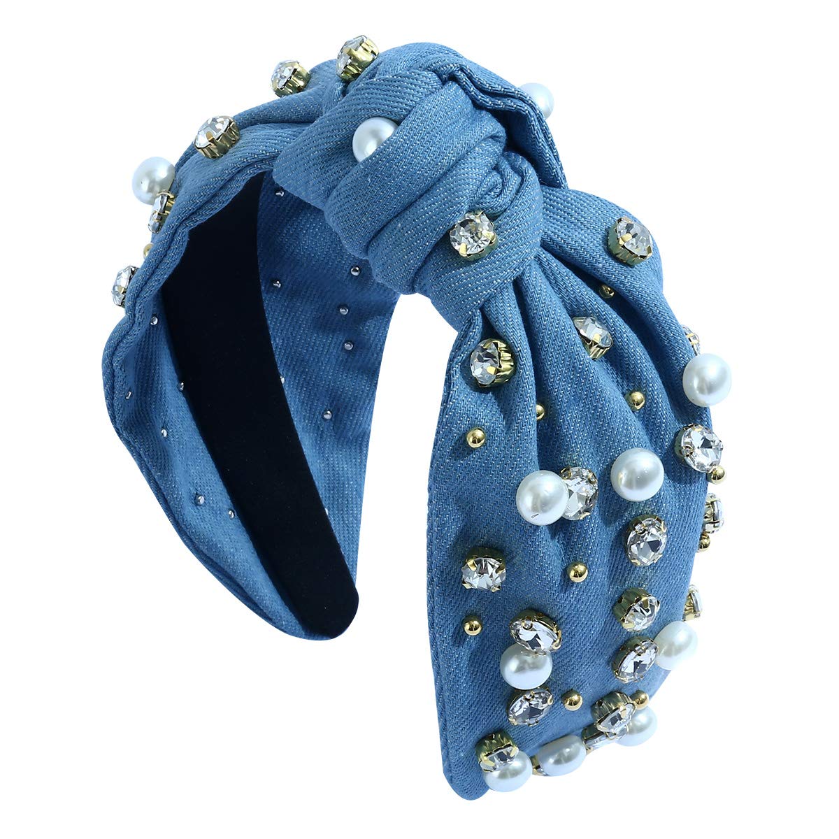 FEDANS Pearly Crystal Knotted Women Headband Luxury Jeweled Embellished Denim Blue Hairband Fashion Elegant Ladies Hair Band in Summer Spring