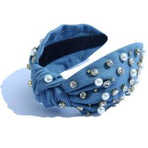 fedans pearly crystal knotted women headband luxury jeweled embellished denim blue hairband fashion elegant ladies hair band in summer spring