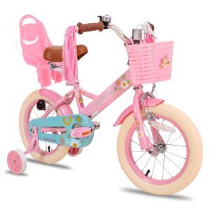 JOYSTAR 14 Inch Kids Bike Little Daisy Girls Bike with Training Wheels Doll Bike Seat Basket & Streamers Princess Kids Bicycle for Girls Toddler Bike 3-5 Years Pink