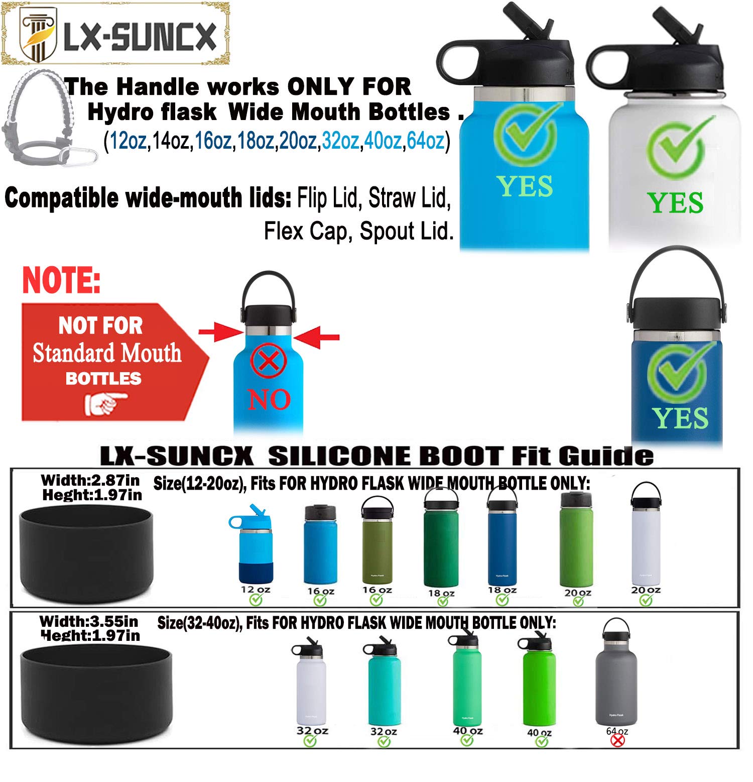 LX-SUNCX Paracord Handle for 2020 Hydro Flask 2.0 Wide Mouth Water Bottles(12oz-40oz),Durable & Secure Accessories Carrier,Plus a Protective Silicone Boot ((WhiteBlack)/Black, 32oz-40oz)