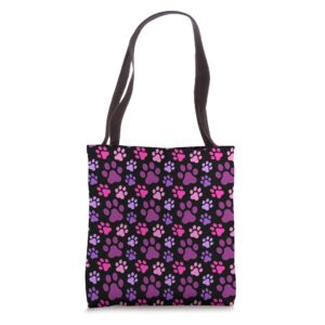 dog gifts for puppy lovers pink purple dog paw print pattern tote bag