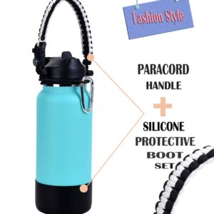 LX-SUNCX Paracord Handle for 2020 Hydro Flask 2.0 Wide Mouth Water Bottles(12oz-40oz),Durable & Secure Accessories Carrier,Plus a Protective Silicone Boot ((WhiteBlack)/Black, 32oz-40oz)