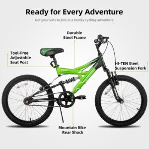 JOYSTAR Contender 20 Inch Kids Bike for Boys & Girls Ages 7-13 Years 20" Mountain Bike with Full Dual-Suspension Steel Frame and 1-Speed Drivetrain with Kickstand Green