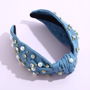 FEDANS Pearly Crystal Knotted Women Headband Luxury Jeweled Embellished Denim Blue Hairband Fashion Elegant Ladies Hair Band in Summer Spring