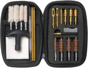 hdcku 21pcs universal gun cleaning kit for rifle pistol handgun with .22 .357/.38/9mm .40 .45 caliber pistol cotton mop, bronze bore brush, brass jag and 25pcs patches in zippered case for shooting