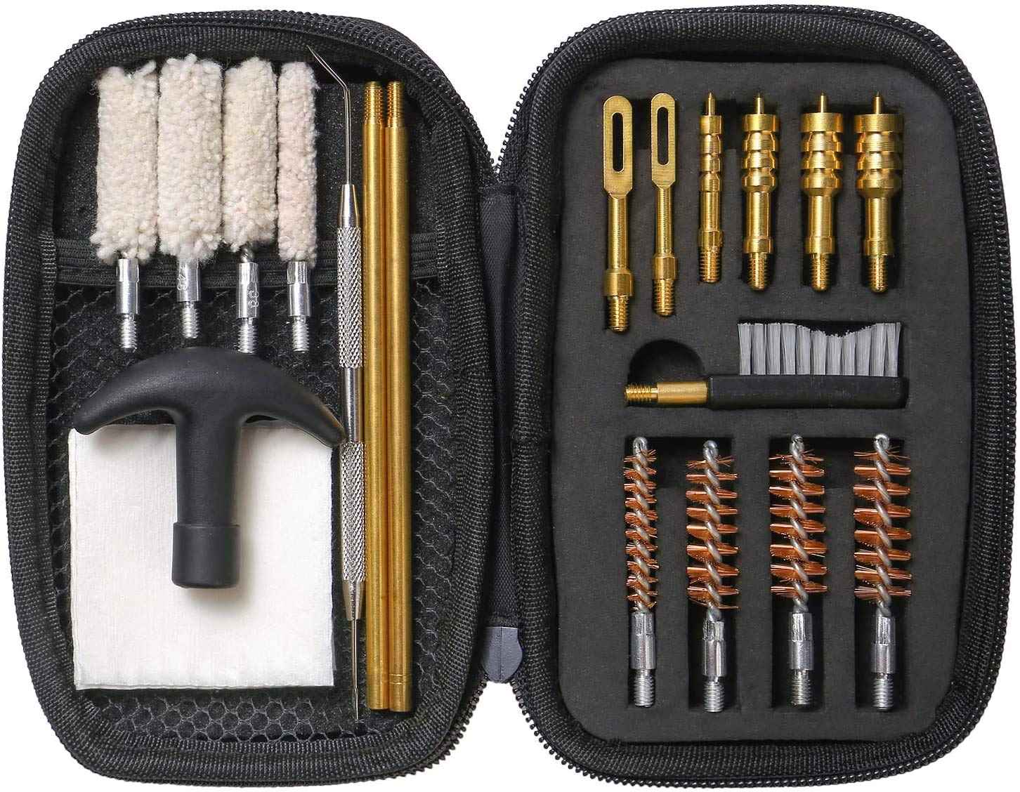 HDCKU 21pcs Universal Gun Cleaning Kit for Rifle Pistol Handgun with .22 .357/.38/9mm .40 .45 Caliber Pistol Cotton Mop, Bronze Bore Brush, Brass Jag and 25pcs Patches in Zippered Case for Shooting